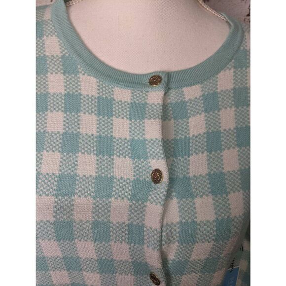 Draper James RSVP Turquoise Gingham Button up Cardigan Sz L Large NWT - Picture 3 of 10